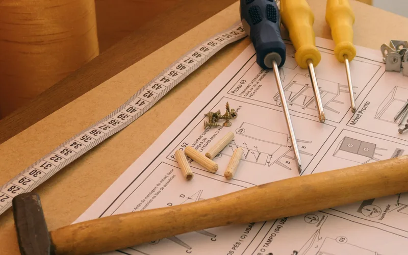 Bandmaß, Hammer, Schraubendreher, Schrauben und Dübel auf einer Montageanleitung